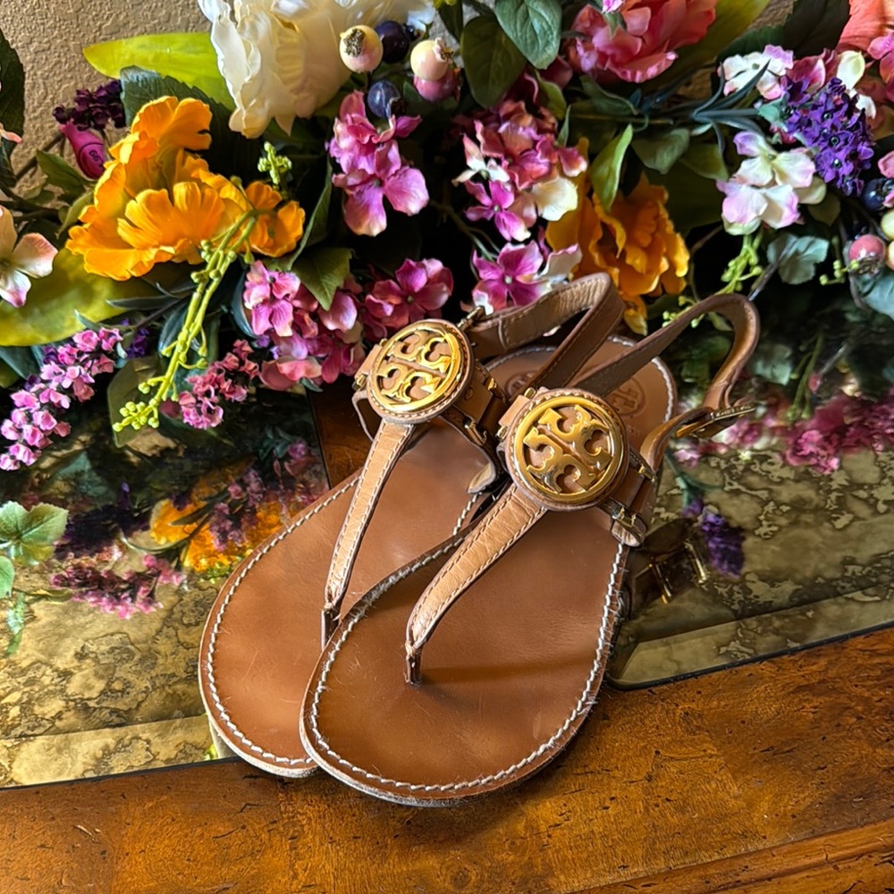 Tory Burch Brown and Gold Sandals with Elegant Medallion